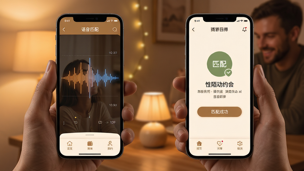 两性陌泡约会 语音匹配界面 手机显示声波动态 匹配成功提示 温馨暖色调 简洁UI设计 高清晰度