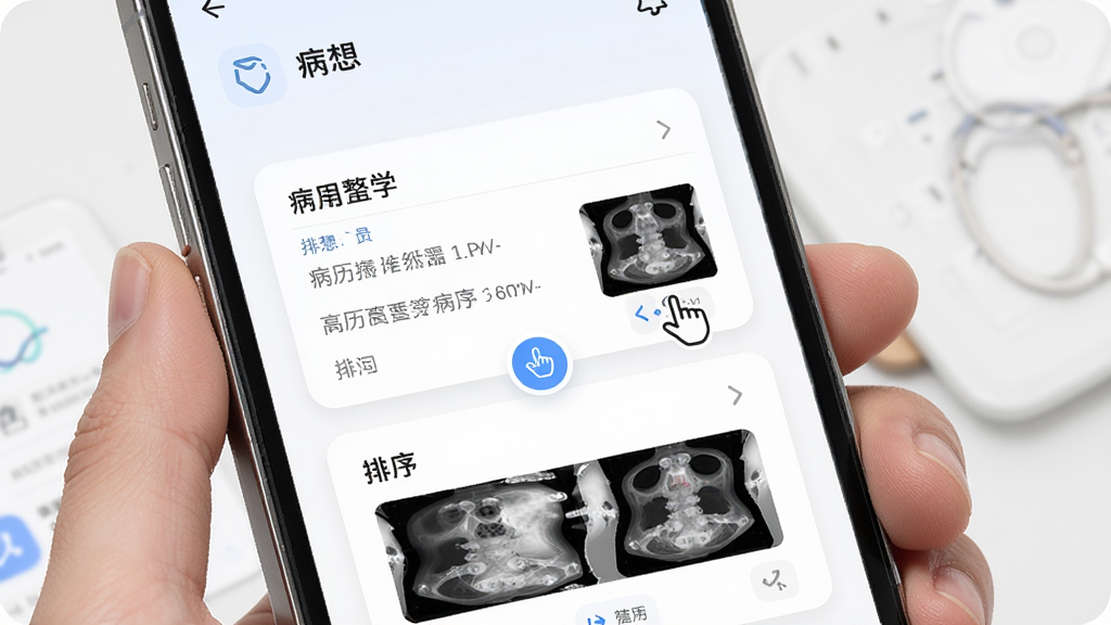 ����ҽ����ҳ�ֶ����������������棬����Ϊ�ֻ���Ļ������Ϊ������Ƭ��ק�����Ű����������Ϊ�ִ�ҽ��Ч�ʹ��߷磬ϸ�ڰ���������Ŀ����ק�ֱ���Ӱ������ͼ�����ʸ��壬�ɾ����޶���Ԫ��