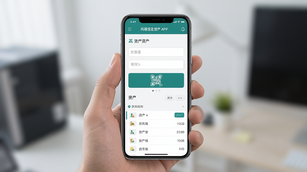 �ֻ���Ļ��ʾ���Ź̶��ʲ�APP���ʲ�¼����棬����Ϊһ���ֳ������ֻ������־��У��Ű����������Ϊ�ִ������Լ��ϸ�ڰ��������ɨ�밴ť���ʲ��б������ʸ��壬�ɾ����޶���Ԫ��