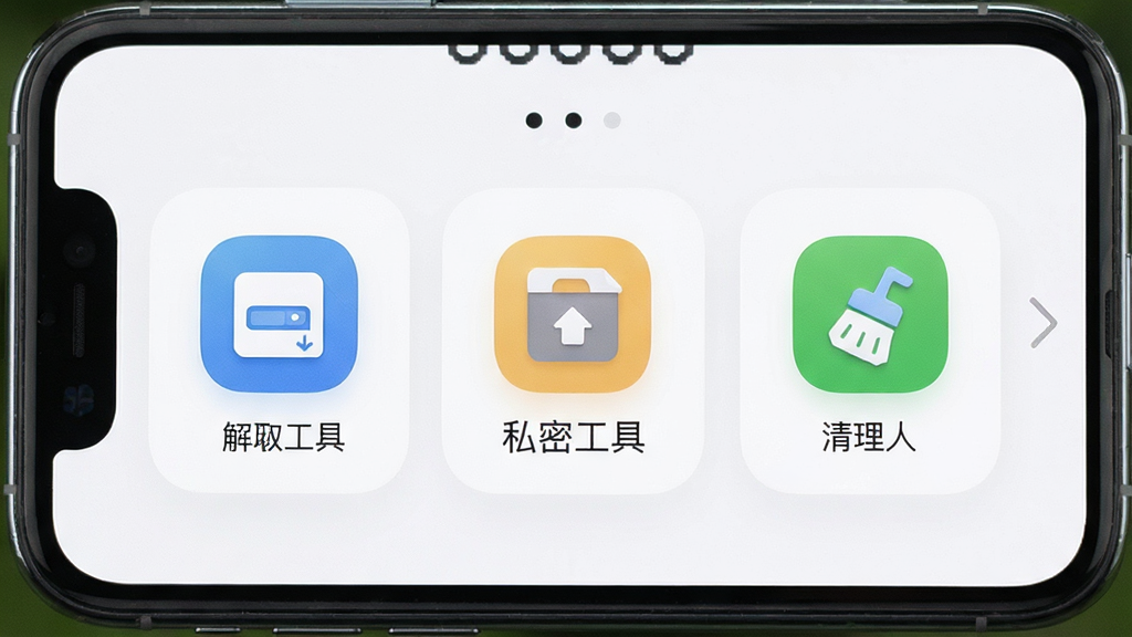 双开器软件功能界面展示,手机屏幕中显示解压工具、私密工具和清理工具三大模块图标,布局整齐,风格简洁清爽,细节清晰,高画质,干净无多余元素