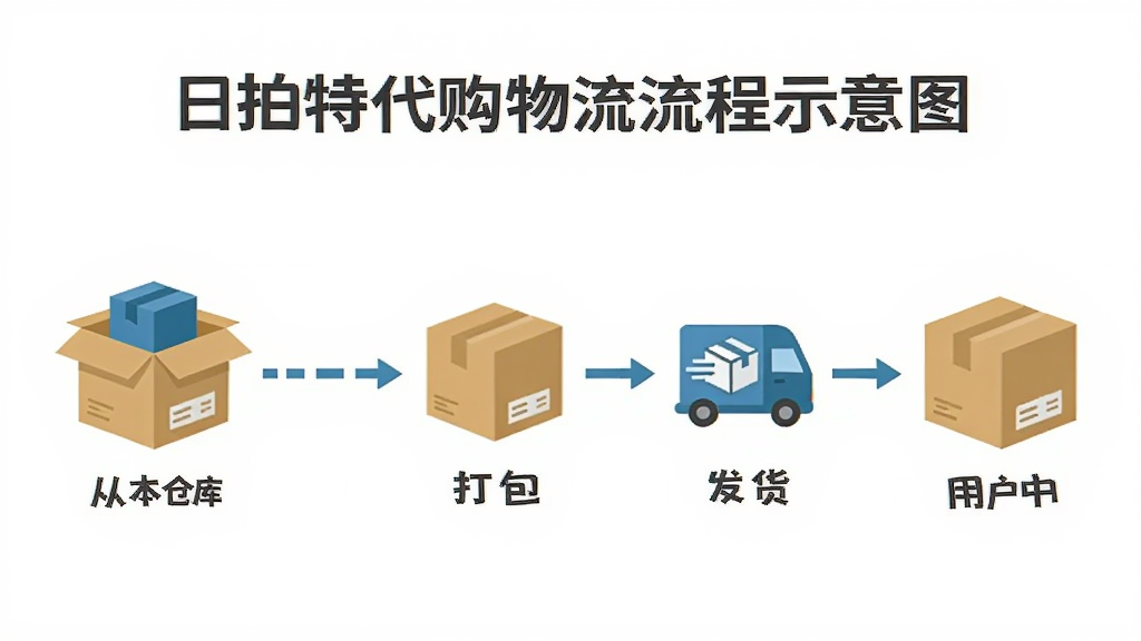 日拍特代购物流流程示意图,主体为从日本仓库到用户手中的包裹路径,布局横向排列,排版简洁,风格扁平化,细节包含合包、打包、发货图标,画质清晰,干净,无多余元素