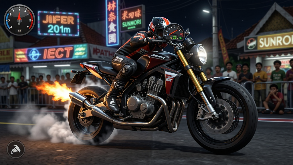 Drag Bike 201m Sunmori ֱ�߼���Ħ����Ϸ���棬������һ�������𲽼��ٵĸ�װĦ�г���ǰ��΢΢̧��������������棬������ӡ���ͷҹ�����޺������Χ����Ⱥ������Ϊ���������ͼ�����дʵ������Ϸ��ͼ��ϸ�ڰ�����̥�������Ǳ���ת��ָ�롢���ָ�����̬�����ʸ���ɾ��޶���Ԫ��