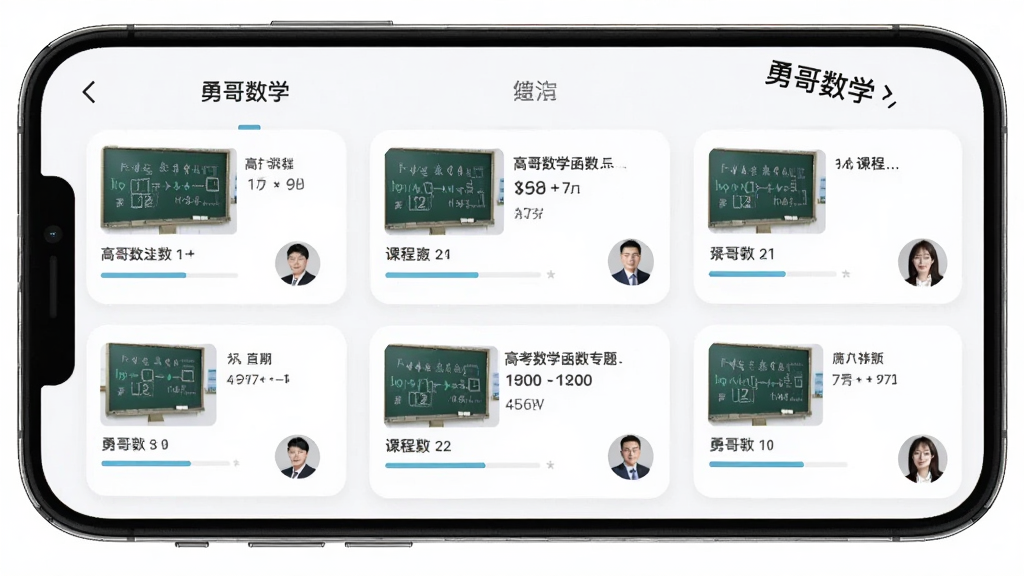 勇哥数学APP课程界面展示,主体为手机屏幕显示高考数学函数专题课程列表,布局清晰有序,排版采用上下滑动卡片式设计,风格简约现代教育风,细节包含课程缩略图、进度条和老师头像,画质高清干净无多余元素,图片中打文字“勇哥数学”