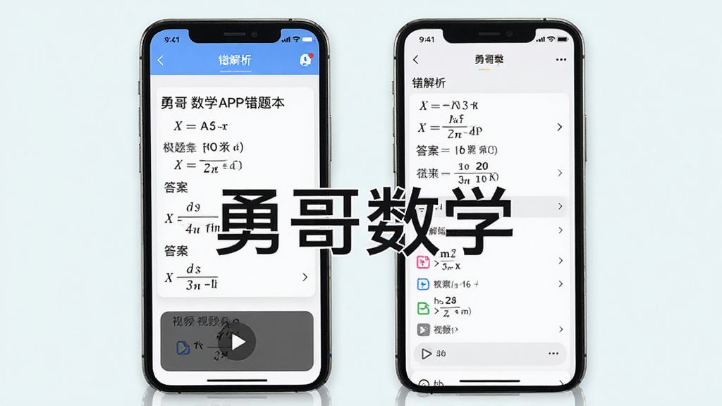 勇哥数学APP错题本与题库界面,主体为手机屏幕展示数学题解析和错题归纳,布局分左右两栏,排版整齐,风格清爽学习风,细节包含题目、答案步骤和视频播放按钮,画质清晰干净无多余元素,图片中打文字“勇哥数学”