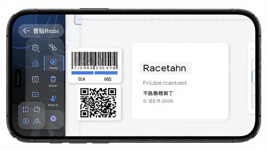 ������ǩAPP����չʾ������Ϊ�ֻ���Ļ��ʾ��ǩ�༭ҳ�棬������๤�����Ҳ໭�����Ű��࣬����ִ��Ƽ��У�ϸ�ڰ��������롢��ά�롢�ı�Ԫ�أ����������ɾ��޶���Ԫ��