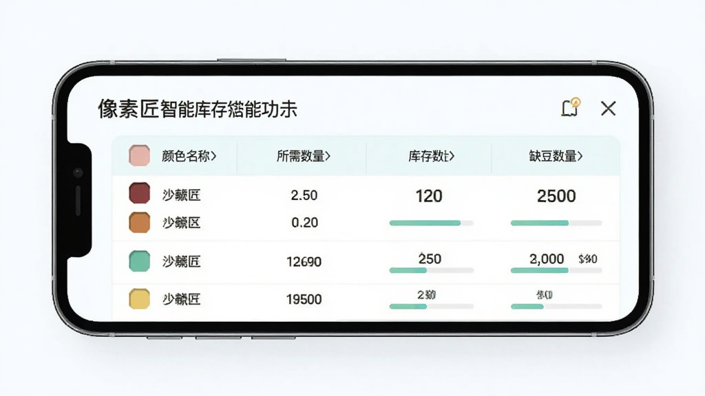 像素匠智能库存管理功能展示,主体为手机屏幕显示豆子库存统计列表,布局为表格形式列出颜色名称、所需数量、库存数量、缺豆数量,排版整齐,风格为清新浅色系,细节包括色块图标、数字统计、进度条,画质高清,干净,无多余元素
