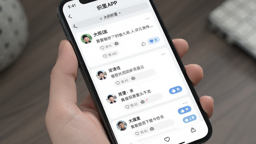 ��֯��APP��������ҳ�棬����Ϊ�ֻ���Ļչʾ�û����������۽��棬����Ϊ��Ƭʽ�б����Ű����룬�������ǳɫ��ϸ�ڰ���ͷ���������ݺ͵��ް�ť�������������ɾ����޶���Ԫ��