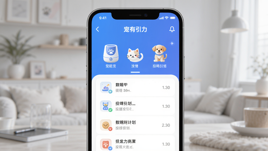 ����Ϊһ�������ֻ���ʾ��������APP���棬����Ϊ�ֻ����з��ã��Ű������������Ϊ�ִ��Ƽ��У�ϸ�ڰ�������ιʳ��������è��ͼ�ꡢͶι�ƻ��б������ʸ���ɾ��޶���Ԫ�أ�����������Ϊ������������