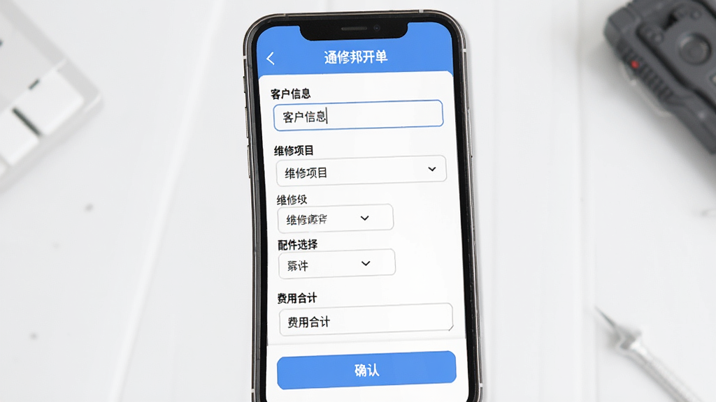 ͨѶ��APPά�޿������棬����Ϊ�ֻ���Ļ��ʾά�޹�����дҳ�棬����Ϊ����ʽ�������У������ͻ���Ϣ��ά����Ŀ�����ѡ�񡢷��úϼƵ��ֶΣ��Ű������ˣ����Ϊ����ʵ�÷磬ϸ�ڰ�������������˵���ȷ�ϰ�ť����������������ɾ����޶���Ԫ��