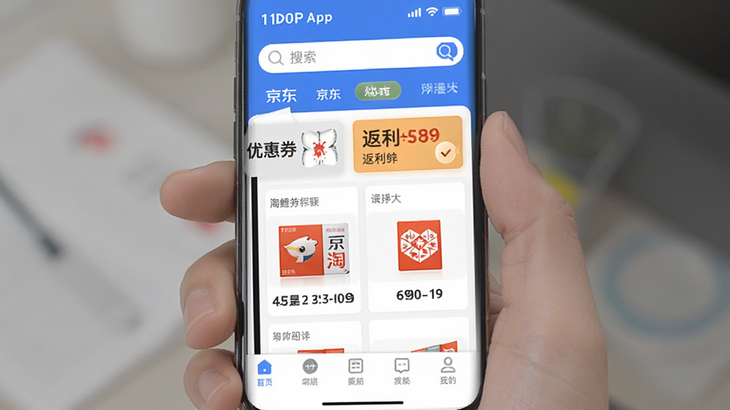 返鲤APP首页展示京东淘宝拼多多商品聚合列表,顶部搜索框,中间优惠券和返利标签,底部导航栏,界面干净整洁,蓝白配色,手机屏幕截图风格,高清画质,无多余元素