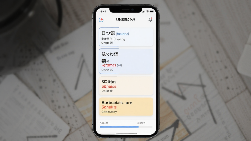 全能背单词APP界面展示,手机屏幕中显示英语、日语、法语、德语、西班牙语、葡萄牙语六种语言词库选择界面,布局清晰,排版整齐,风格简约现代,细节包含单词卡片和进度条,画质高清,干净,无多余元素