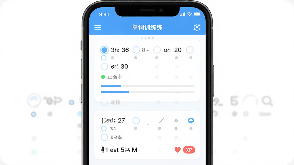 全能背单词APP内单词训练界面,手机屏幕显示选择题和拼写题混合练习,布局上下分区,排版简洁,风格清新明亮,细节包含进度条、正确率百分比和错题标记,画质高清,干净,无多余元素