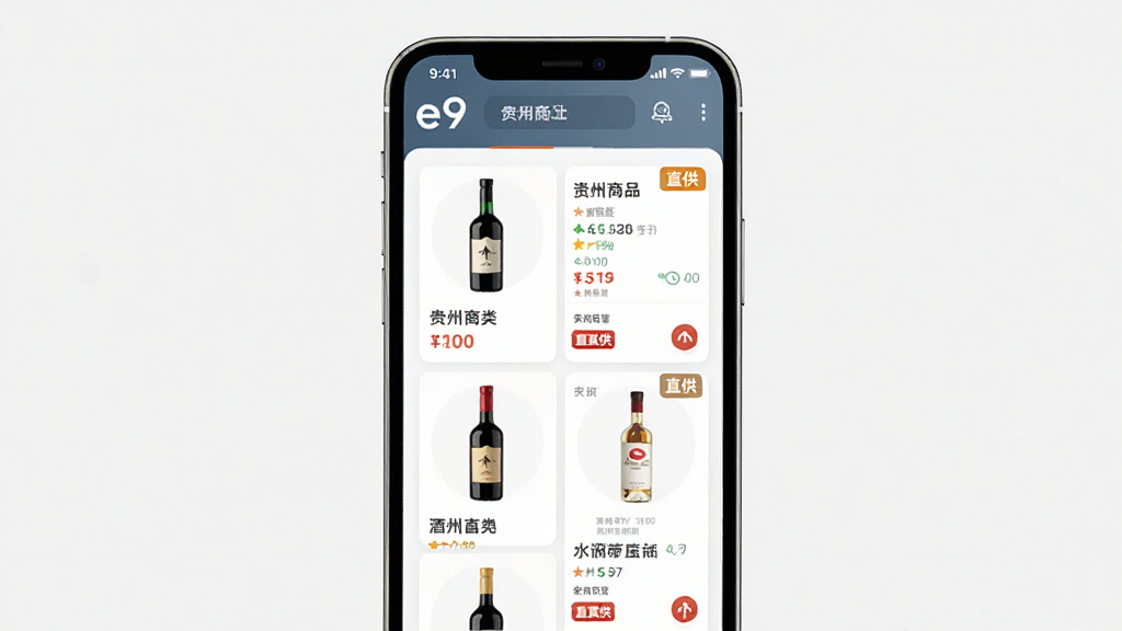 贵州e9应用界面展示,主体为手机屏幕中显示酒类商品列表,布局为居中手机样机,排版简洁,风格为现代电商风,细节包含酒瓶图标、价格标签、直供标识,画质高清,干净,无多余元素