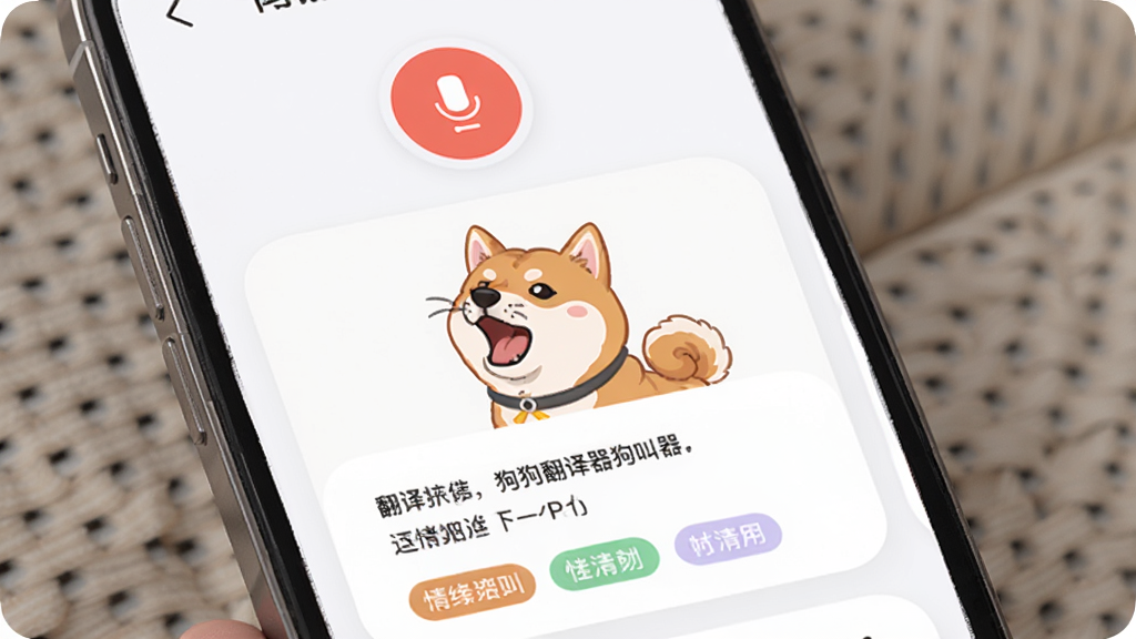 һ���ֻ�Ӧ�ý��棬�����ǹ��������������Ĺ��з���ҳ�棬�����Ϸ���ʾ¼����ť�·���ʾ�������ı����Ű����������Ϊ���Բ�ǿ�Ƭʽ��ϸ�ڰ���һֻ���ڽеĲ�Ȯ�廭��������ǩ�����ʸ��壬�ɾ����޶���Ԫ�ء�
