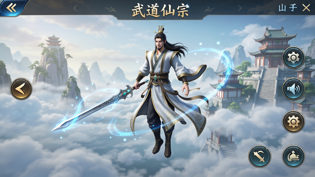 ���������Ϸ�����棬3D�����������Ϊһλ���Ź�װ�����������������ƺ�֮�ϣ����ֲ����������������UI��ť�Ű棬���ΪΨ������������ϸ�ڰ���Ʈ��������Զ����ɽ¥��������Ч�����ʸ��壬�ɾ����޶���Ԫ��
