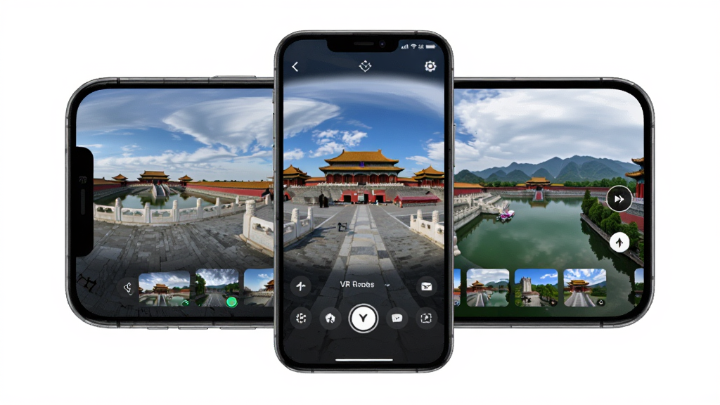 VR���羰����������չʾ���ֻ���Ļ����ʾ720��ȫ���������棬�������йʹ�������ɽˮ�羰������Ϊ�����ֻ�ģ��չʾ���Ű��࣬���Ϊдʵ�Ƽ��У�ϸ�ڰ������水ť�;�������ͼ�������������ɾ����޶���Ԫ��