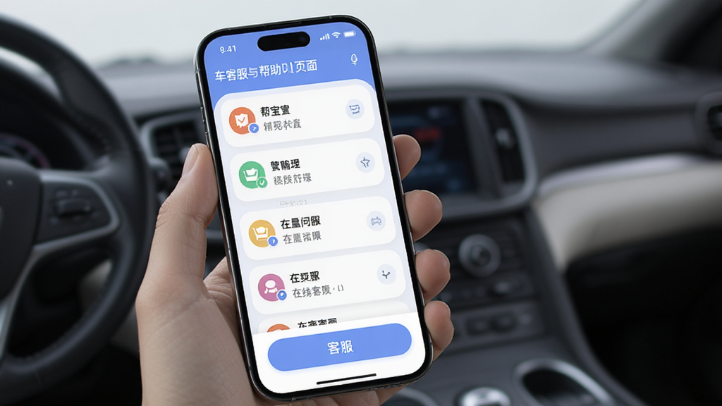帮车宝APP客服与帮助页面,主体为手机屏幕显示常见问题列表和在线客服入口,布局列表式排版,风格柔和圆角设计,细节包括问题分类图标,画质高清,干净,无多余元素