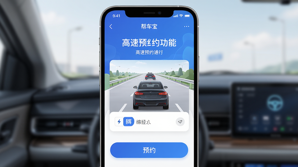 帮车宝APP首页界面展示,主体为手机屏幕显示高速预约通行功能页面,布局居中,排版清晰,风格现代简约科技感,细节包括车牌绑定入口和预约按钮,画质高清,干净,无多余元素