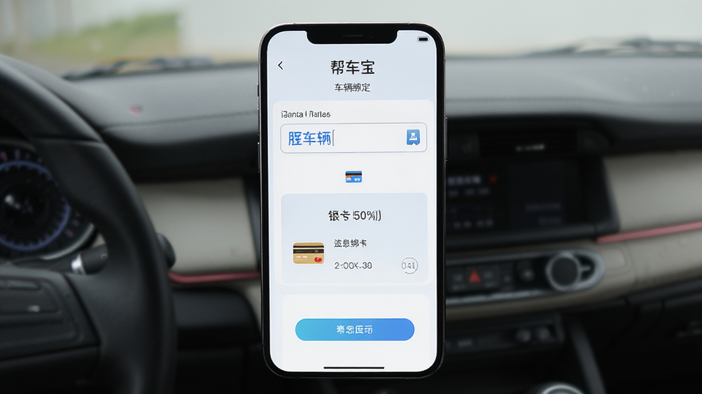 帮车宝APP车辆绑定界面,主体为手机屏幕展示添加车辆和绑定银行卡页面,布局上下结构,排版整洁,风格清新浅色系,细节包括车牌输入框和银行卡图标,画质高清,干净,无多余元素