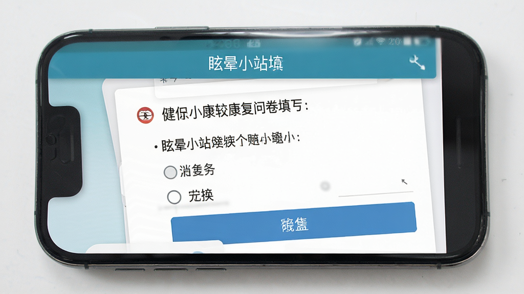 眩晕小站软件界面截图,手机屏幕显示康复问卷填写页面,布局清晰,排版简洁,风格医疗健康,细节包含问卷题目和选项按钮,画质清晰,干净,无多余元素