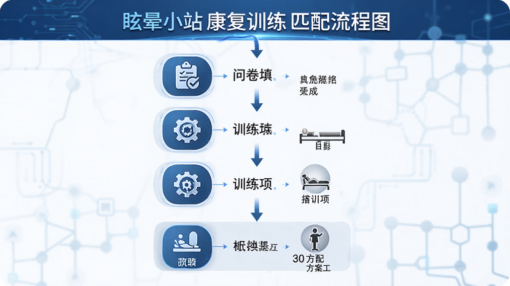 眩晕小站康复训练匹配流程图,画面展示问卷填写到方案生成的步骤,布局居中,排版纵向排列,风格科技医疗,细节包含问卷图标、算法齿轮、训练项目图标,画质清晰,干净,无多余元素