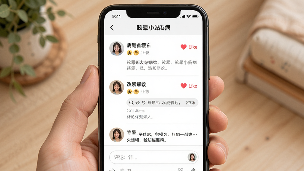 眩晕小站病友社区交流界面,手机屏幕展示病友帖子列表和评论互动,布局清晰,排版简洁,风格温暖社交,细节包含头像、点赞按钮、评论输入框,画质清晰,干净,无多余元素