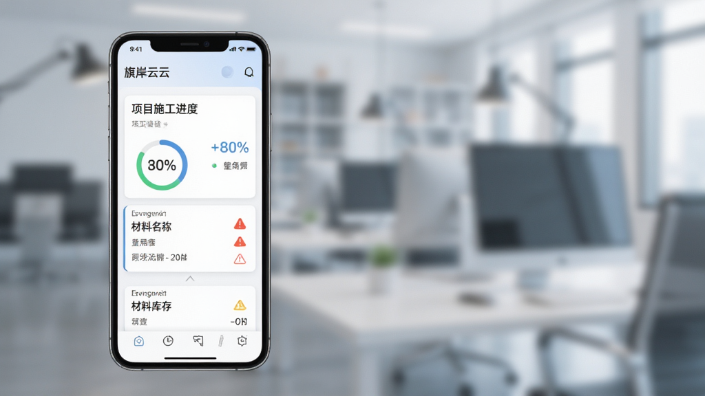 旗岸云装工程项目管理软件移动端界面,主体为手机屏幕展示项目施工进度和材料库存,布局为上下滑动式卡片排列,排版简洁,风格为清爽浅色商务风,细节包括进度百分比、材料名称、预警图标,画质清晰,干净,无多余元素