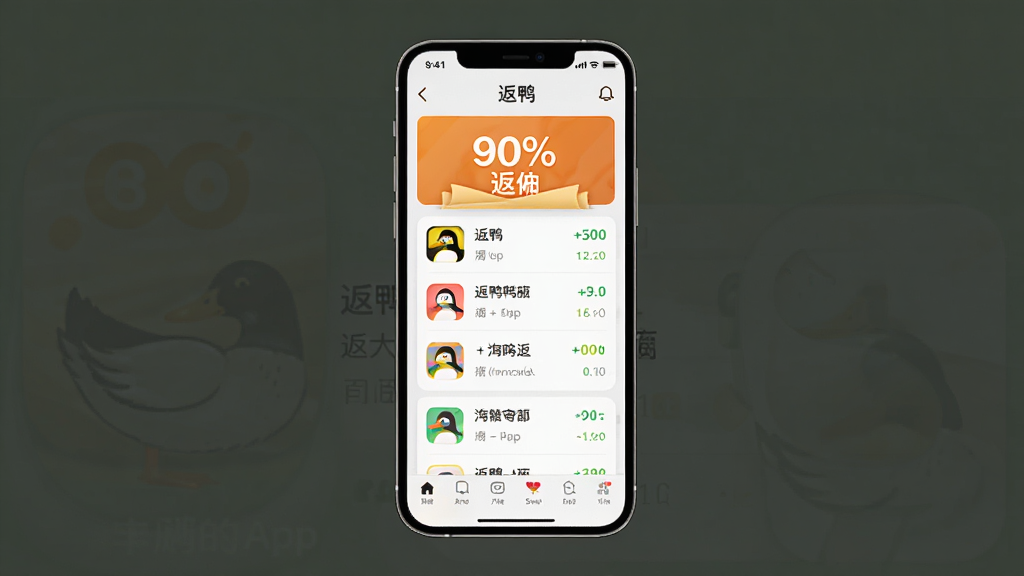 返鸭App主界面截图,主体是一个干净简洁的手机屏幕,屏幕中显示购物返佣列表和90%返佣标识,布局居中,排版整齐,风格现代简约,细节包括清晰的图标和文字“返鸭”,画质高清,干净,无多余元素