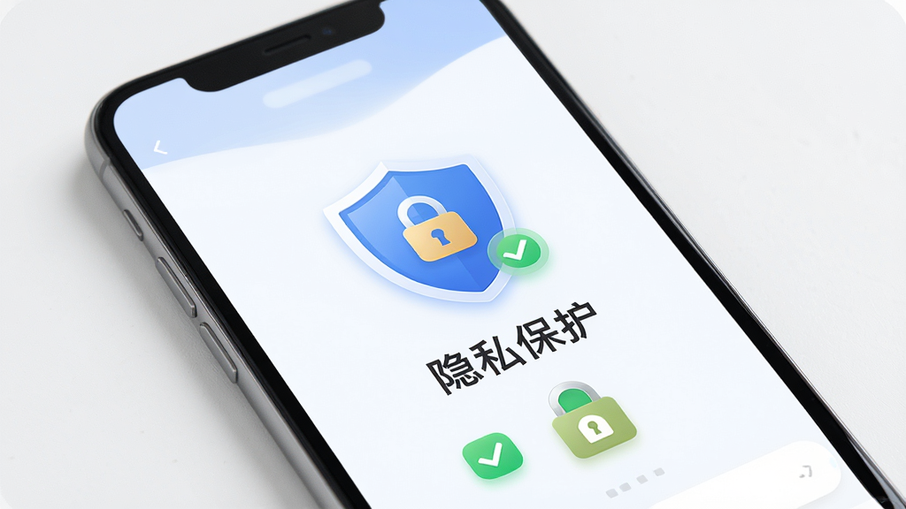 返鸭App安全中心界面,主体是手机屏幕显示安全盾牌图标和“隐私保护”文字,布局居中,排版简洁,风格商务安全,细节包括绿色对勾和加密锁图标,画质高清,干净,无多余元素