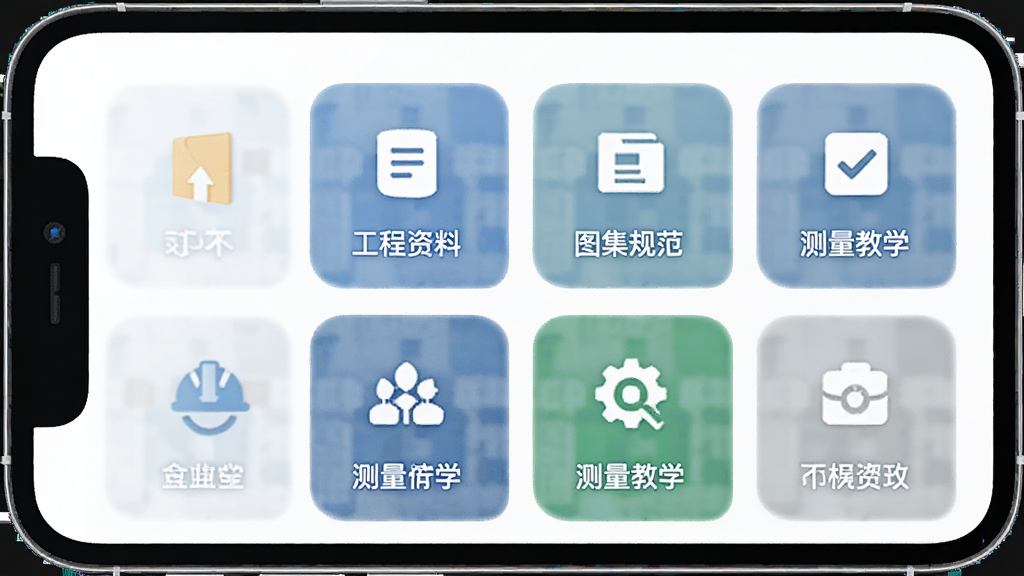 工程随身宝应用主界面展示,主体为手机屏幕,布局为首页功能入口排列,排版清晰,风格简约商务,细节包含工程资料、图集规范、测量教学等图标,画质高清,干净,无多余元素