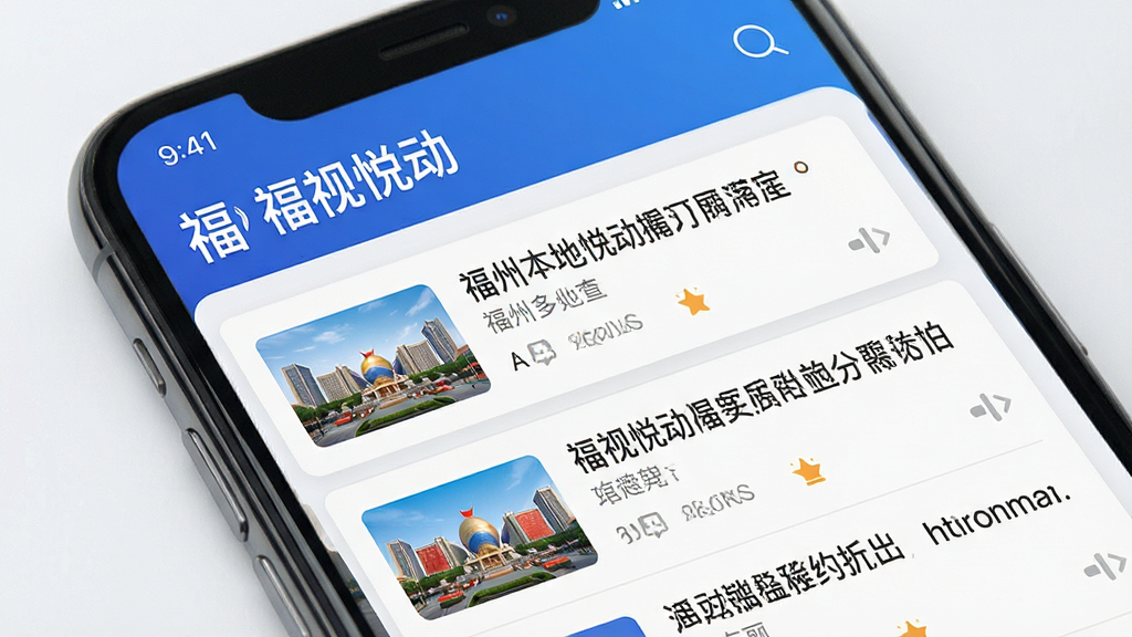 福视悦动 新闻页面展示图,手机屏幕中显示福州本地新闻列表,界面简洁清晰,蓝色主色调,布局规整,现代UI风格,细节精致,高清画质,干净无多余元素