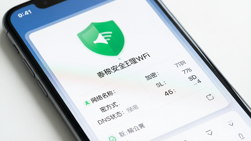 �����ֻ�������ʦWiFi���ҳ�棬�ֻ���Ļ��ʾ��ɫ��ȫ����ͼ�꣬�·��г��������ơ����ܷ�ʽ��DNS״̬����Ϣ������Ϊ��ɫ��Ƭʽ���֣���Լ�����񣬻���ɾ�������Ԫ�أ����廭��