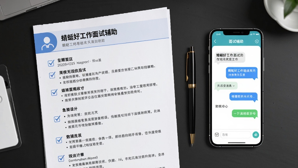 主体为一张简历文档和一支笔,布局为桌面平铺展示,排版左侧简历右侧手机显示蜻蜓好工作面试辅助界面,风格为清新商务风,细节包括简历上的勾选标记和手机屏幕上的对话气泡,画质高清,干净,无多余元素
