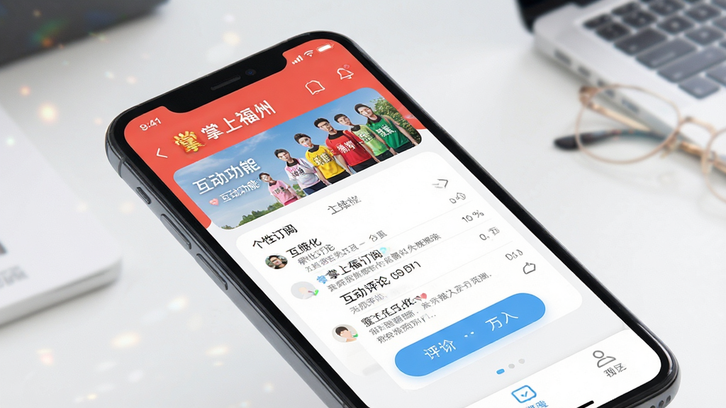 掌上福州 应用界面 个性化订阅 互动评论 社区功能 手机屏幕 现代UI设计 清晰明亮 高画质