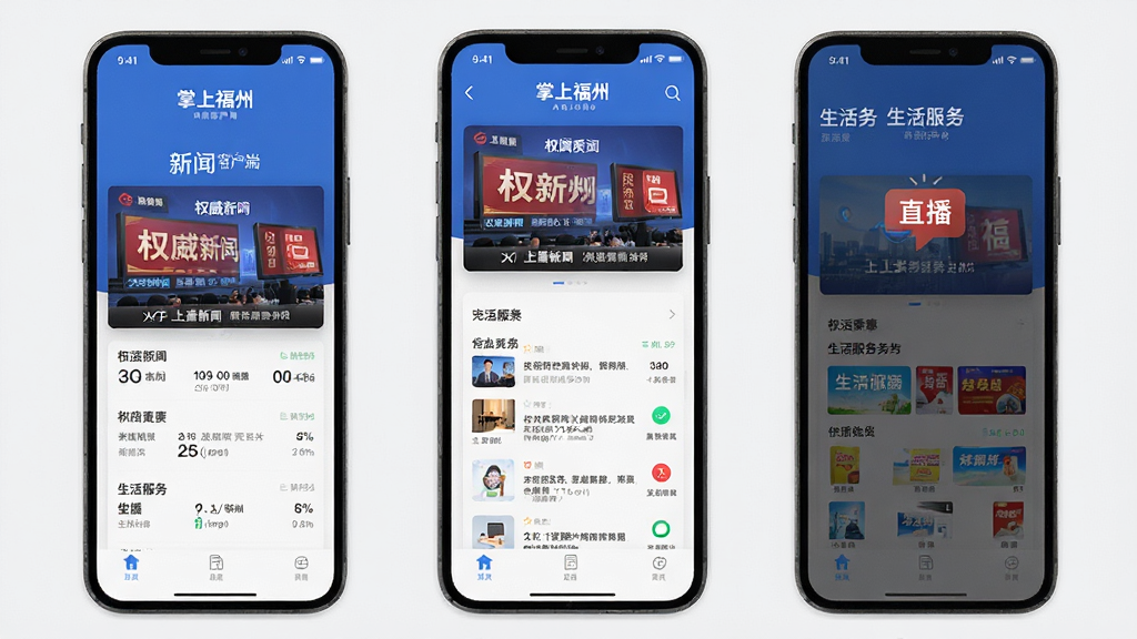 掌上福州 新闻客户端 手机界面 展示权威新闻 直播功能 生活服务板块 扁平化设计风格 干净整洁 高画质
