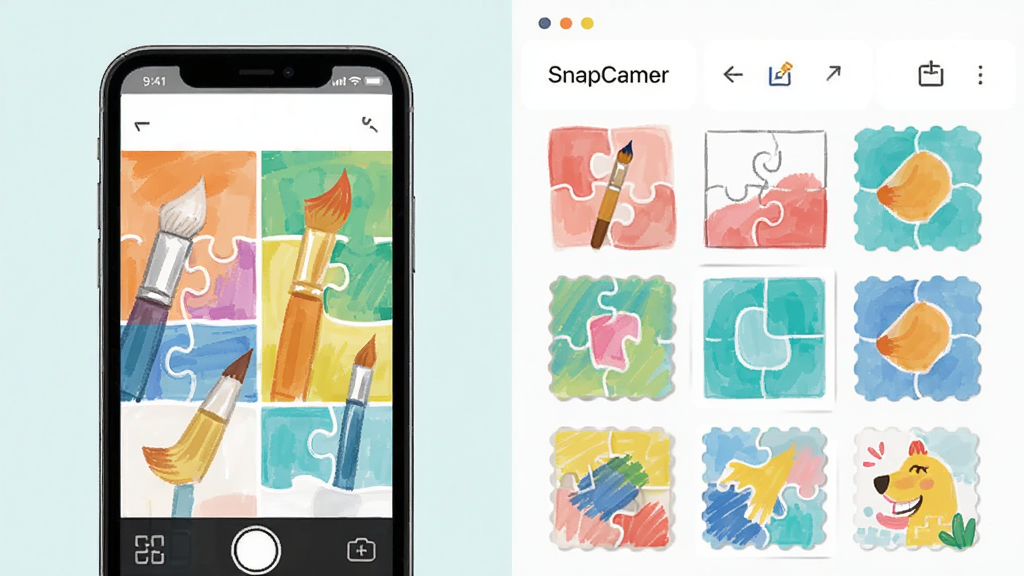 SnapCamer��������չʾ������Ϊ�ֻ���Ļ������Ϊƴͼ��滭���ܲ���չʾ���Ű�������������¼�Լ��ϸ�ڰ�����ʻ��ʺ�ƴͼģ�壬���ʸ��壬�ɾ����޶���Ԫ��