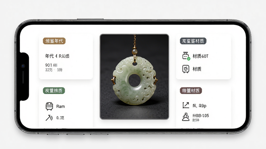 趣鉴宝古董信息分析页面,手机展示年代材质工艺等多维度数据卡片,主体为手机和玉器,布局上下结构,排版整齐,风格简约商务,细节包含年代标签和材质图标,画质清晰,干净,无多余元素