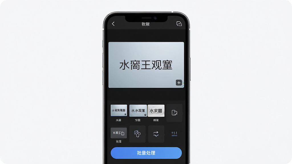水印王软件界面展示,主体为手机屏幕显示水印编辑界面,布局为上下结构上方预览图下方功能按钮,排版整洁,风格为现代简约科技感,细节包含文字水印模板缩略图与批量处理按钮,画质高清干净无多余元素