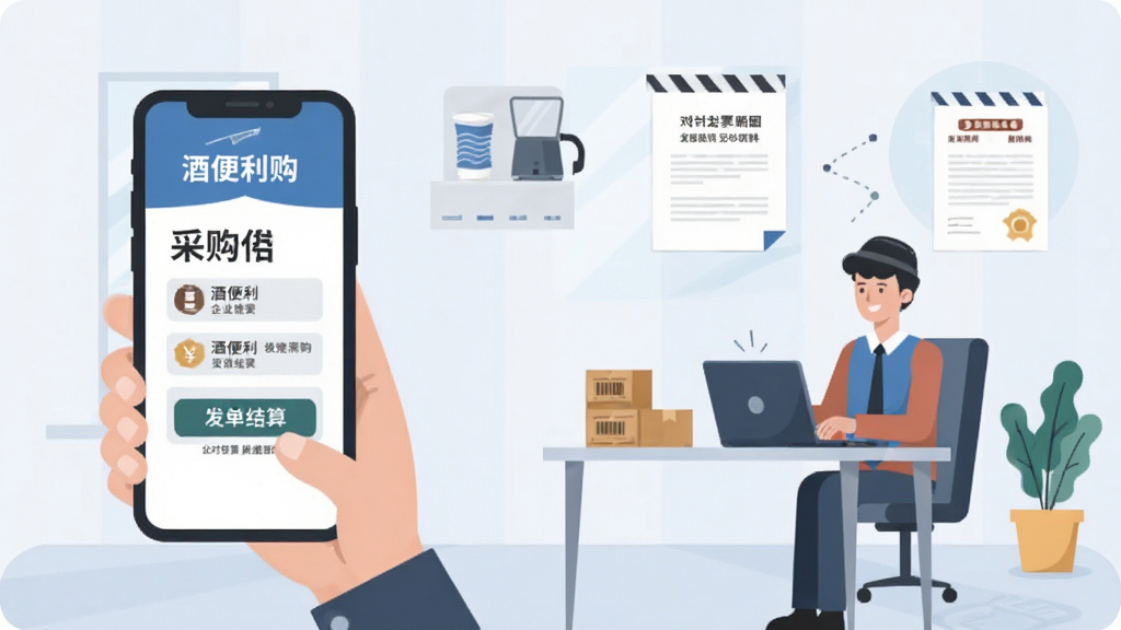 酒便利企业购 采购人员使用手机下单 办公场景 对公结算 发票管理 扁平化插画风格 布局清晰 细节丰富 高清画质 干净 无多余元素