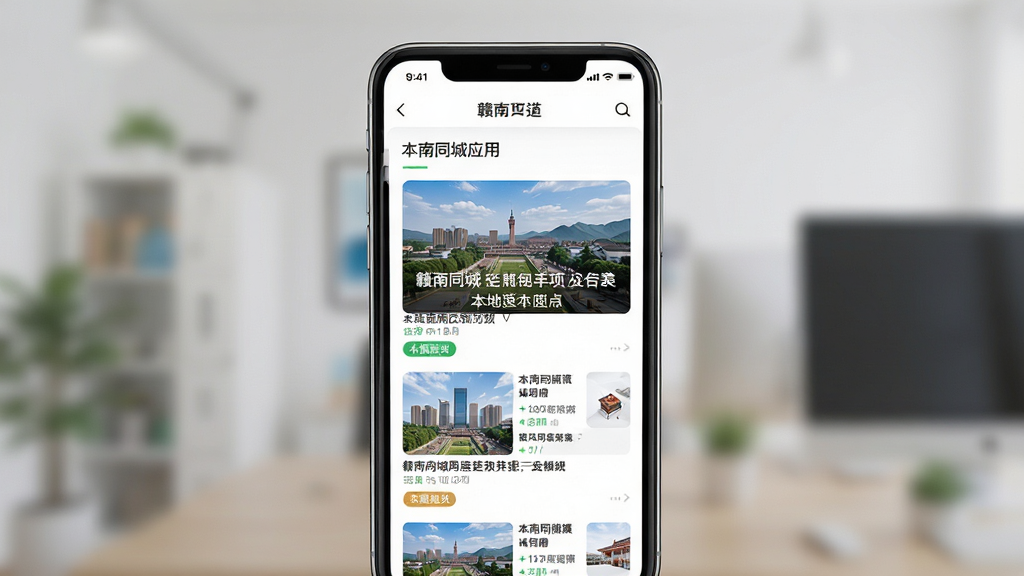 赣南同城应用首页展示本地资讯列表,主体为手机屏幕界面,布局居中,排版清晰,风格现代简约,细节包括新闻缩略图与分类标签,画质高清,干净,无多余元素