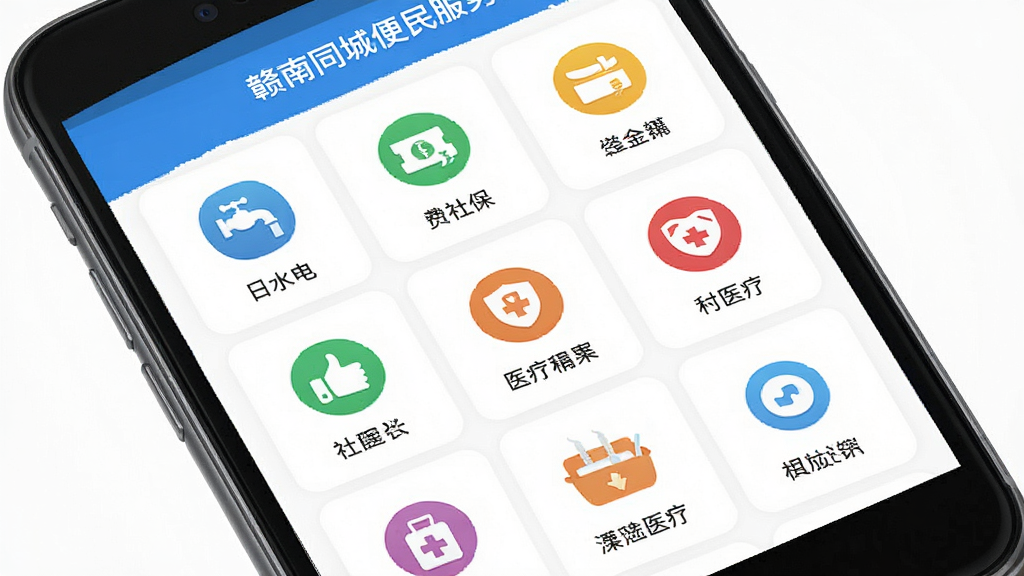 赣南同城便民服务页面,主体为手机界面展示各类生活缴费图标,布局网格状排列,排版整齐,风格清爽简约,细节包含水电、社保、医疗等图标,画质高清,干净,无多余元素