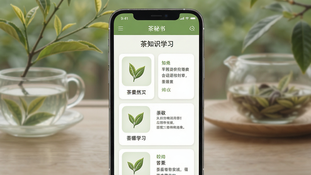 茶秘书应用界面展示,主体为手机屏幕显示茶知识学习页面,布局居中,排版简洁,风格清新自然,细节包含茶叶图标和文字卡片,画质清晰干净,无多余元素