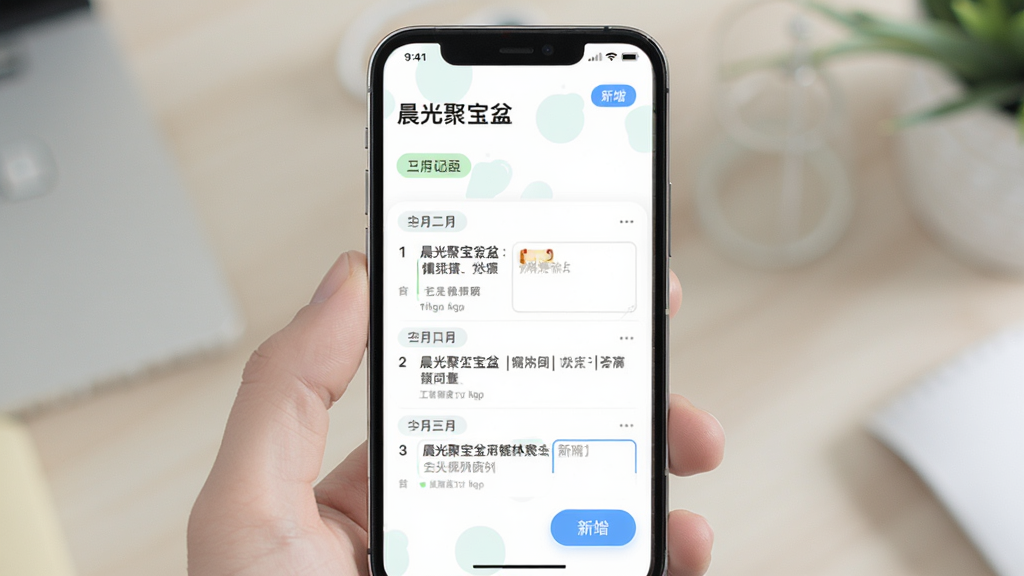 晨光聚宝盆App工作记录页面,主体为手机屏幕显示日志列表和新增按钮,布局为纵向排列,排版简洁,风格清新浅色,细节包括日期标签和文本输入框,画质清晰,干净,无多余元素