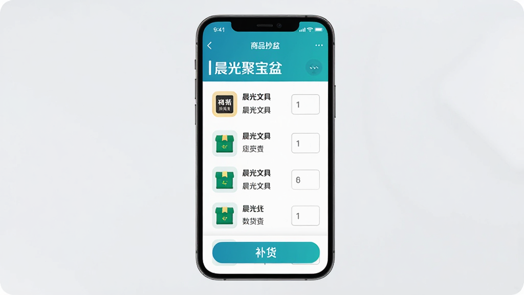 晨光聚宝盆App界面展示,主体为手机屏幕显示商品抄单列表和补货按钮,布局为上下结构上方标题下方列表,排版整齐,风格简洁商务,细节包括晨光文具商品图标和数量输入框,画质清晰,干净,无多余元素