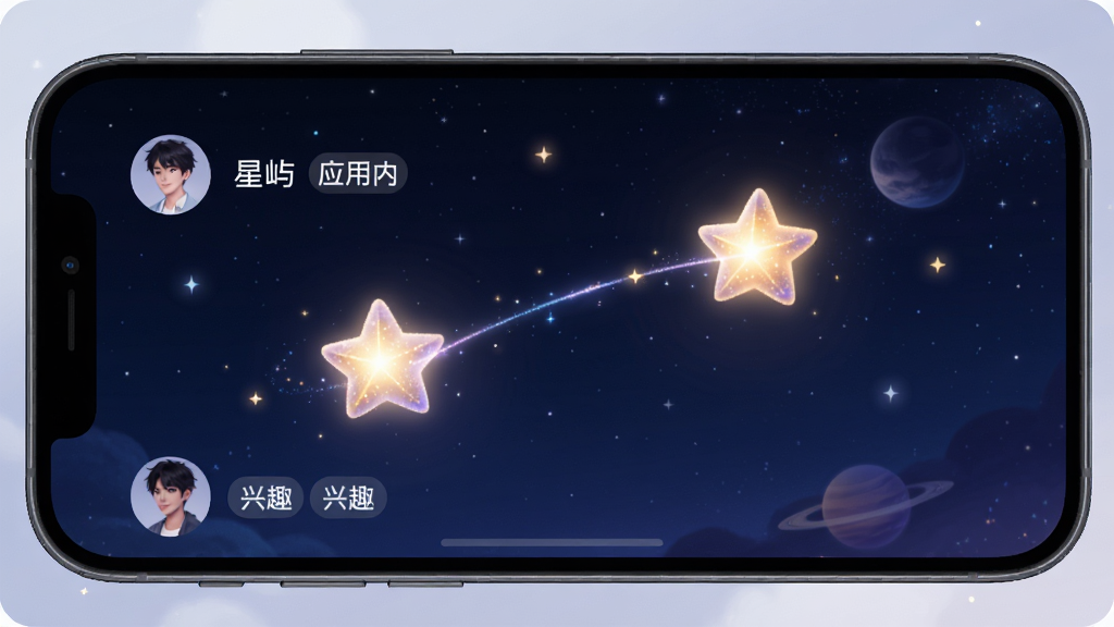 星屿应用内匹配界面,主体为两个发光星星在夜空中连线,布局为手机屏幕展示,排版简洁,风格梦幻科技感,细节包含用户头像和兴趣标签,画质高清,干净,无多余元素