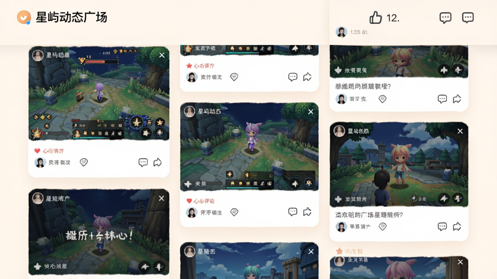 星屿动态广场页面,主体为多张用户分享的游戏截图和心情文字卡片,布局为瀑布流排列,排版整齐,风格清新温暖,细节包含点赞和评论图标,画质清晰,干净,无多余元素