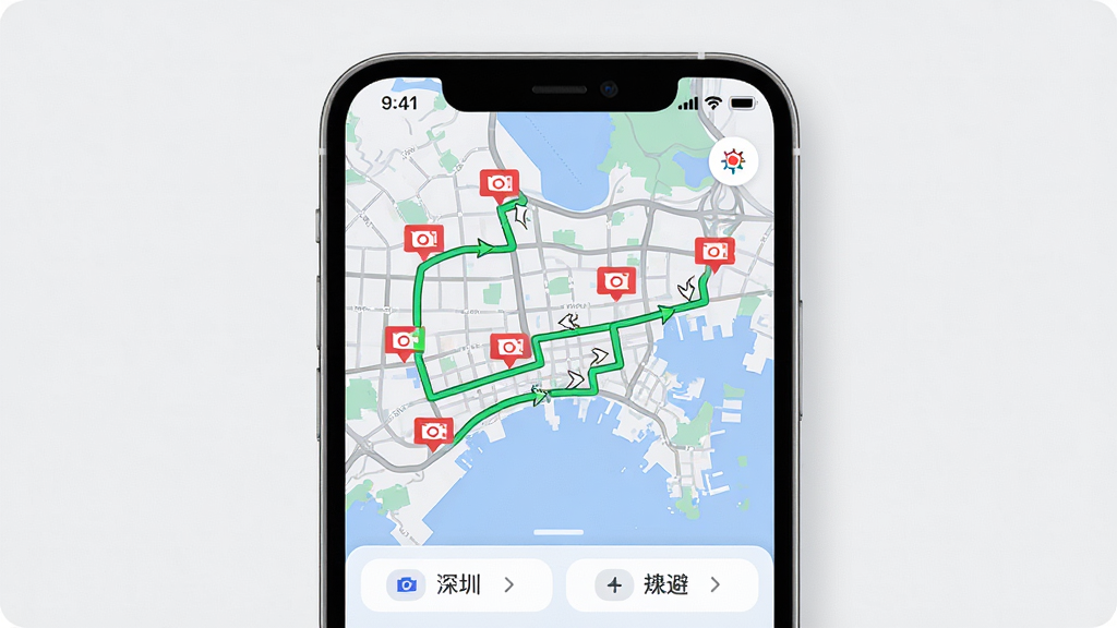 ������س�APP��ͼ���棬����Ϊ�ֻ���Ļ��ʾ���ڵ�ͼ����ͼ�ϱ�ע�����ɫ����ͷͼ�����ɫ���·�ߣ�����Ϊ����չʾ�ֻ�������Ϊ�ɾ���ǳ��ɫ�����Ϊ�Ƽ���Լ�磬ϸ�ڰ���������UI��ť��·�߼�ͷ�����ʸ��壬�ɾ����޶���Ԫ��