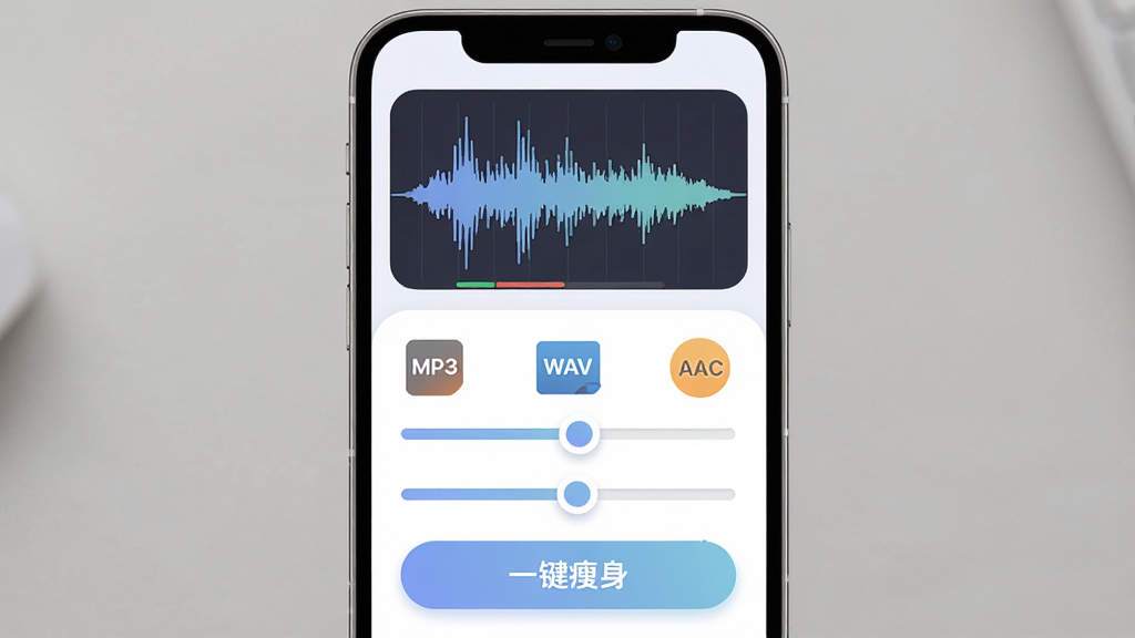 ͼƬ����PS��Ƭѹ������Ƶѹ�����ܽ��棬����Ϊ�ֻ���Ļ����ʾ��Ƶ����ͼ��ѹ������ѡ�����Ϊ����չʾ���Ű�Ϊ���½ṹ���Ϸ�Ϊ��Ƶ���ο��ӻ����·�Ϊѹ���������ڻ��飬���Ϊ���Բ�Ƿ磬ϸ�ڰ���MP3��ʶ��WAV��ʶ��AAC��ʶ��һ��������ť�����ʸ��壬�ɾ����޶���Ԫ��