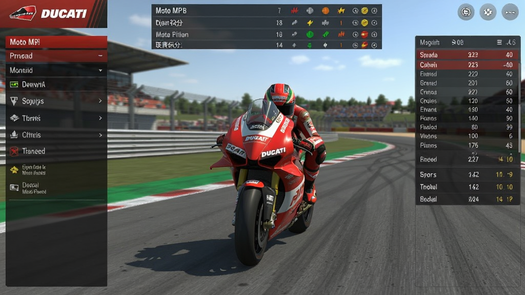 MotoGP���Ӿ���ģ����ʷ���װ����Ϸ�������ͼ����������չʾ�ſ��Ϻ�ɫ�����������ϼ��ۣ����Ϊ���ӹ����˵����Ҳ���ʾ����������壬�������������ְ񣬷��дʵ�����࣬�����������ɾ��޶���Ԫ��