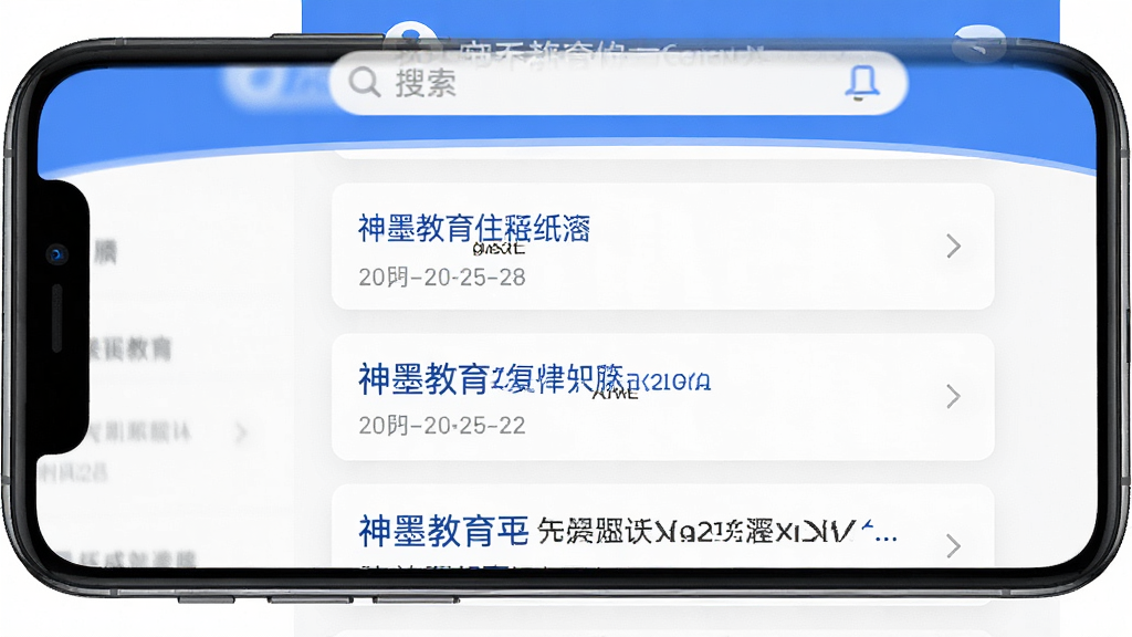 神墨教育App资讯页面手机截图,主体为手机屏幕展示资讯列表,布局为顶部搜索栏加下方资讯卡片纵向排列,排版简洁清晰,风格为现代扁平化UI设计,细节包括蓝色主题色、白色背景、资讯标题和日期文字,画质高清,干净,无多余元素